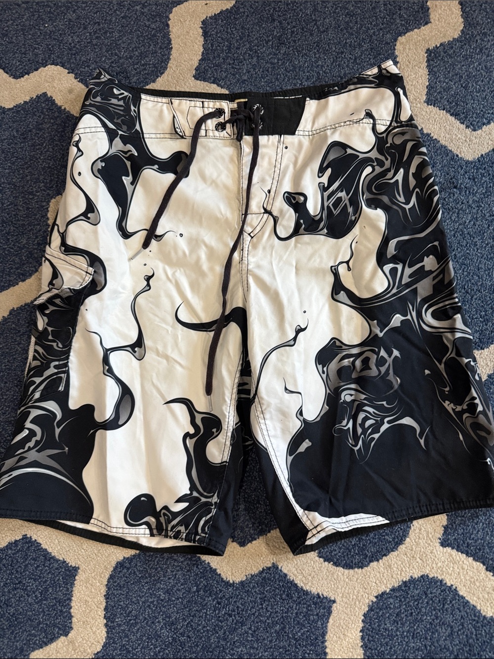 Fox Black & White Swim Board Shorts with Swirl Print